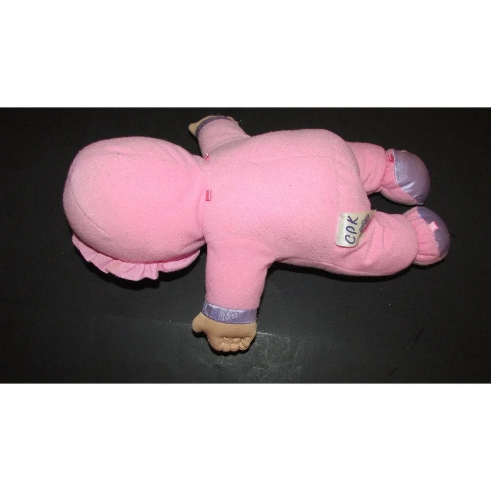 Cabbage Patch Kids Baby Doll pink plush felt body purple satin trim vinyl face